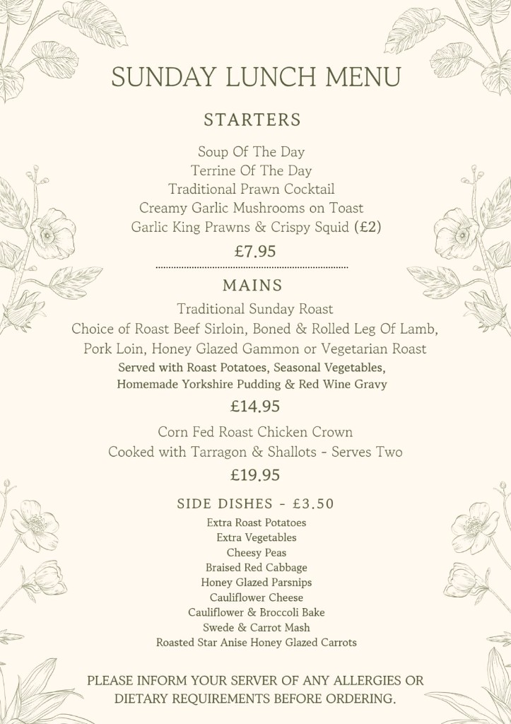 Sunday lunch menu
